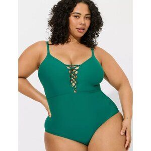 NWT Torrid Green Wireless Plunge Strappy Lace Up Plus Size One-Piece Swimsuit 3X